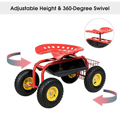 IRONMAX Garden Cart with Seat, Heavy Duty Gardening Work Stools w/Height Adjustable Seat & 10’’ Large Wheels, Rolling Garden Scooter for Outdoor Lawn Yard Planting (Red)
