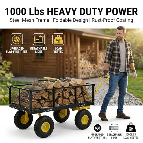 Finnhomy Heavy Duty 1000 Lbs Capacity Mesh Steel Garden Cart, Pullable Garden Wagons Carts on Wheels, Folding Utility Wagon with Removable Sides for Outdoor, Yard, Lawn, Yellow - color: Yellow