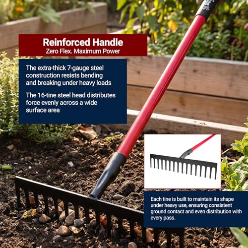 Bully Tools 7-Gauge 16-Tine Stone Rake, 66" Fiberglass Long Handle