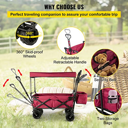 Happbuy Collapsible Wagon with Removable Canopy, 220lbs Heavy Duty Foldable Beach Wagon with Big Wheels - color: Red