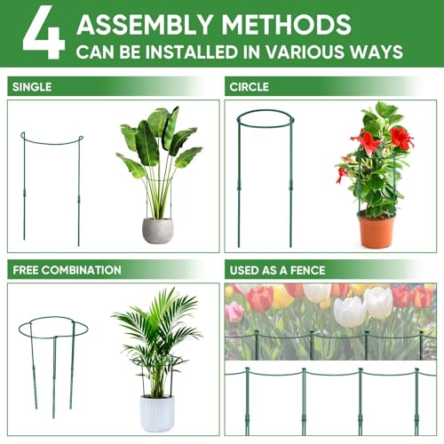 8 Pack 32 or 16 inch Adjustable Plant Support Stakes, Heavy-Duty Half Round Peony Support, Garden Plant Stakes Cage for Outdoor Plants, Peony, Tomato, Hydrangea, (16In Support +16In Extension Tubes) - size: 10"W x31.8"H
