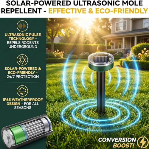 Mole Repellent 10 Pack, Solar Powered Waterproof Sonic Spikes, Outdoor Long-Lasting Snake Chaser Stakes, Get Rid of Groundhog Chipmunk Vole for Lawns, Garden, Farm & Yard