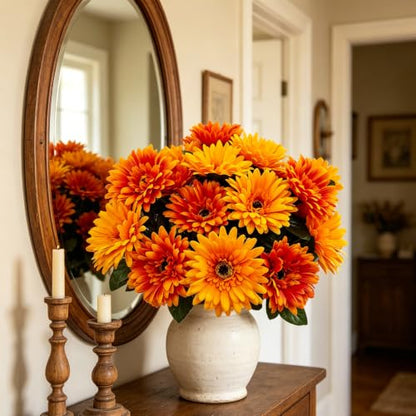 2 Bundles 16 Heads Large Artificial Mums Fake Fall Flowers for Outdoors - color: Orange Yellow