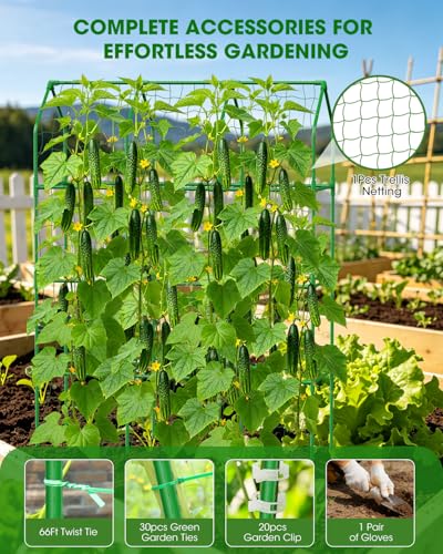 65" Cucumber Trellis for Climbing Plants Outdoor, Metal Garden Trellis for Raised Bed, Plant Support Structures with Netting for Cucumbers Tomatoes Beans Peas (50 * 17 * 65inch(L*W*H), Trellis)
