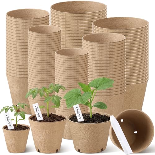 120 Pcs Round Peat Pots 2.4"+3.14"+4" Plant Starter Nursery Pot with Drainage Holes Garden Germination Seedling Pots with 120 Plant Labels for Indoor Outdoor Gardens - size: 2.4 + 3.14 + 4 Inch