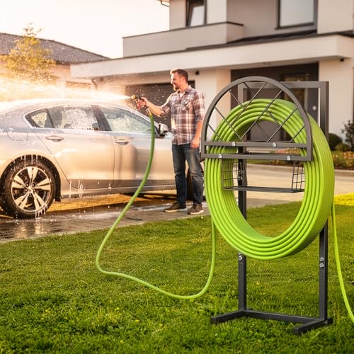 Garden Hose Holder Heavy Duty Water Hose Holder with Storage Basket,Holds Up to 165FT Hose, Freestanding Outdoor Hose Hanger with 4 Spikes Sturdy Hose Stand, for Outside Yard Lawn Patio - color: All Black