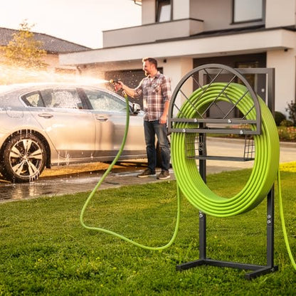 Garden Hose Holder Heavy Duty Water Hose Holder with Storage Basket,Holds Up to 165FT Hose, Freestanding Outdoor Hose Hanger with 4 Spikes Sturdy Hose Stand, for Outside Yard Lawn Patio - color: All Black