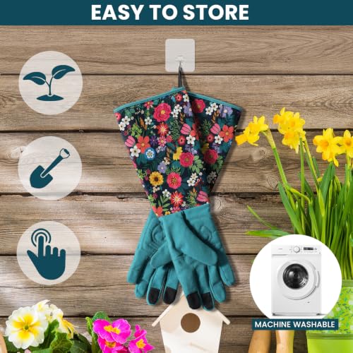 Gardening Gloves for Women, Long Garden Gloves with Grip, Thorn-Proof, Gift - color: Dark Green - Flower
