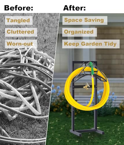 Artigarden Outdoor Garden Hose Holder Freestanding with Brass Faucet And 4 Spikes, Heavy Duty Metal Water Hose Reel Stand Hanger Rack Organizer Holds Storage 150ft Hose for Outside Yard Lawn, Black - style: Nozzle Style with Faucet
