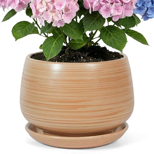 10.3 Inch Flower pots for Indoor Outdoor Plants with Saucer Drainage Leak-Proof Mesh, Ceramic Planter with Gardening Gloves for Succulent and Flower (Khaki Striated) - color: Khaki Striated, size: 10.3 Inch