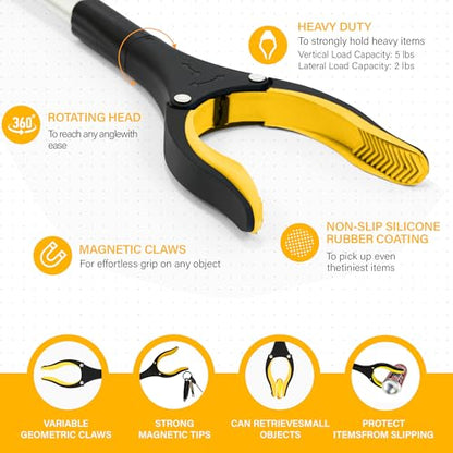 2 Pack 32 inch GrabRunner Reacher Grabber Tool with Rotating Head and Magnet (New Yellow) - color: Yellow(pack of 2)