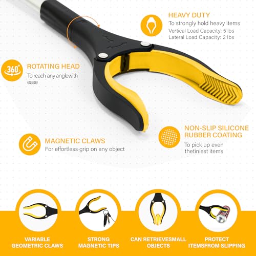 2 Pack 32 inch GrabRunner Reacher Grabber Tool with Rotating Head and Magnet (New Yellow) - color: Yellow(pack of 2)
