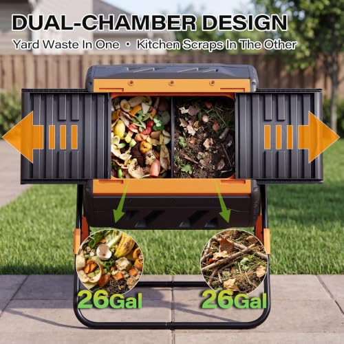 LAUSAINT HOME Dual Chamber Compost Tumbler, 52 Gallon Outdoor Rotating Composter with Sliding Doors for Garden Waste, Kitchen Scraps & Yard Debris, Black and Orange - size: 52 gallon