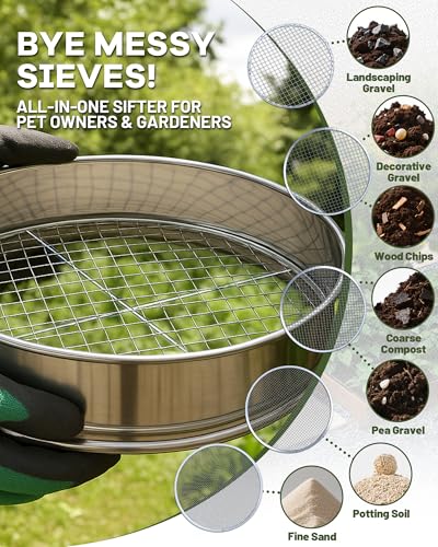 5-in-1 Soil Sifter Set with 5 Replaceable Stainless Steel Mesh Screen & Shovel (1/8" to 1/2"), Soil Sifter for Soils, Compost, Bonsai, Cat Litter and More（11-5/8" Diameter）