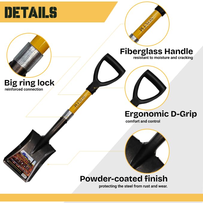 Plexon 27" Short Handle Square Point Shovel – Hardened 50Mn Steel Blade, Fiberglass Shaft, D-Grip, Transfer Shovel for Garden, Mulch, Gravel & Snow Removal - style: Square