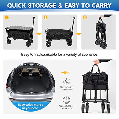 PayLessHere Garden Cart Folding Wagon Collapsible w/Foldable Table Board Universal Wheels for Camping Picnic Outdoor Event - color: Black Table Board
