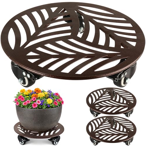 3-Pack Large Metal Plant Caddy with 3 Wheels 12 Inches Heavy-duty Rolling Plant Stands with Casters Wheeled Flower Pot Mover Rollers Rust-proof Iron Planter Dolly Coasters for Indoor Outdoor Use - color: Textured Brown, size: 12"/ 3 packs