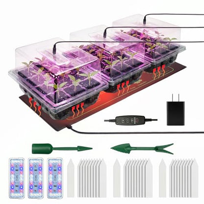 Seed Starter Tray 3 Pack with Heating Mat & 24 Full Spectrum LEDs Grow Light – Auto cycle Timer, Humidity Dome Ventilation Cover, Drainage Holes, Includes Gardening Tools – Transparent version - color: Transparent×3