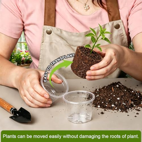 RooTrimmer 100 Pack 2.8 Inches Clear Plant Pots with Drainage Holes, Transparent Seeding Nursey pots, Round Plastic pots for Seeds Starter, Seeds Germination - size: 2.8 Inch 100P