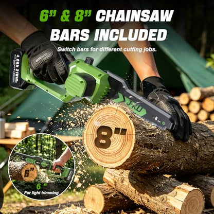 J-KU 4-in-1 Electric Pole Saw & Pruning Shears Combo, 8" & 6" Mini Chainsaw - color: Olive Green