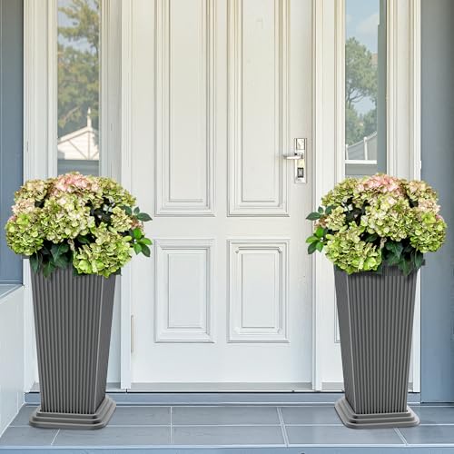 FENCY Set of 2 Tall Planters for Outdoor Plants, Gray Ribbed - color: Gray-square Ribbed