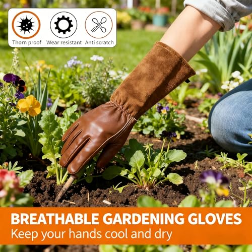 Leather Long Gardening Gloves for Men and Women, Rose Pruning and Cactus Thorn Proof Gloves, Cowhide Yard Work Gloves (Brown Medium) - size: Medium