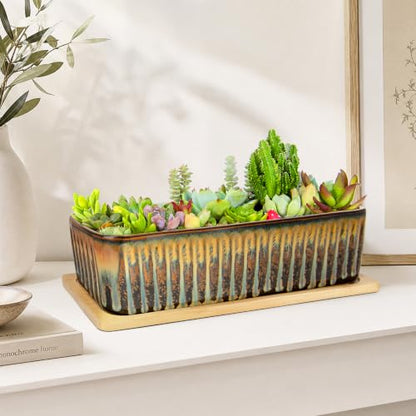 Succulent Pots, 12'' Long Rectangle Planters with Tray, Windowsill Planter - color: Flow Glaze