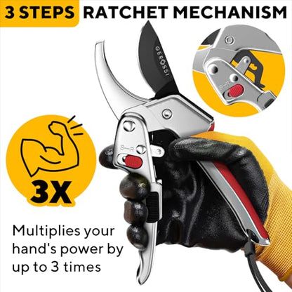 Gerossi Ratchet Pruning Shears Heavy Duty, Hand Pruners for Gardening - color: Silver-red