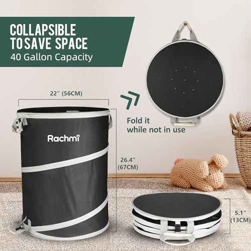 Rachmi 40 Gallon Pop-Up Trash Can with Spring Frame, 22"x26.4" Black