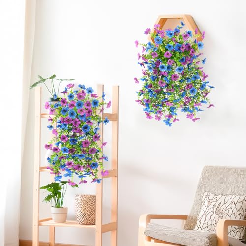 INQCMY 2 Pcs Artificial Fake Hanging Flowers for Outdoors UV Resistant - color: Purple Blue