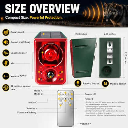 ChunHee Solar Outdoor Motion Sensor Alarm Dog Barking Gunshot Sound 130dB - color: Red-2pack