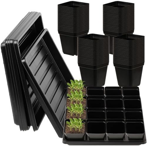 CIEOVO 2.4 inch 80 Pcs Square Nursery Pots with Drain Holes and 5 Pcs Plastic Plant Growing Trays, Seed Starter Kit Propagation Tray Seed Starting Pots for Seedling Plant Growing