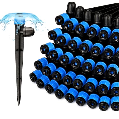 Gardrip 55 Pieces Drip Emitters Fan Shape with Stake for 1/4" Irrigation Tubing: Adjustable 360 Degree Water Flow Irrigation Universal Vortex Sprayer On 5" Stake Drip Pipe Sprinklers Fittings - color: Blue 360 Degree Vortex Emitter-55 Pcs