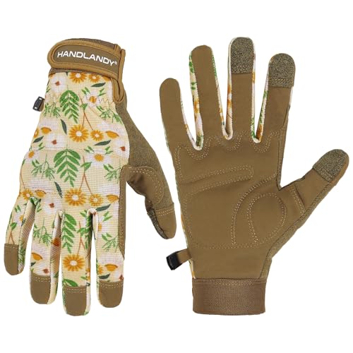 HANDLANDY Work Gloves for Women, Breathable Leather Gardening Glove for Yard Maintenance, Hand Protection with Touch Screen - color: Flower Brown, size: Medium (Pack of 1)