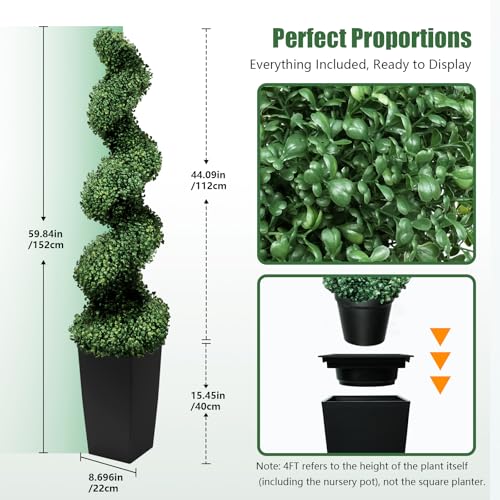 Mavis's Diary 5FT Artificial Spiral Topiary Trees, Set of 2 UV Resistant Faux Boxwood Plants in Square Planter, Indoor Outdoor Fake Shrubs for Front Porch, Entryway, Patio, Home Decor - size: 5ft