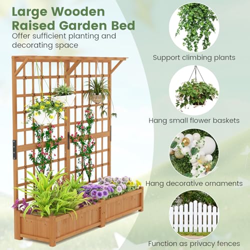 72" Raised Garden Bed with Lattice Trellis, Hanging Roof & Drainage Holes, Elevated Wooden Planter Box for Vine Climbing Plant, Flower, Herb & Vegetable