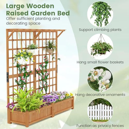 72" Raised Garden Bed with Lattice Trellis, Hanging Roof & Drainage Holes, Elevated Wooden Planter Box for Vine Climbing Plant, Flower, Herb & Vegetable
