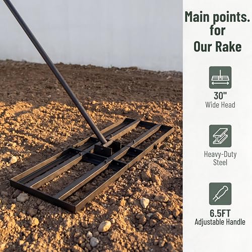 Lawn Leveling Rake - 30x10 Leveling Rake for Soil, Heavy Duty Yard Leveling Rake with 6.5FT Extra Long Handle, 2mm Thickened Stainless Steel Lawn Leveler, Landscape Tool for Dirt and Sand, with Gloves - size: 30 inch