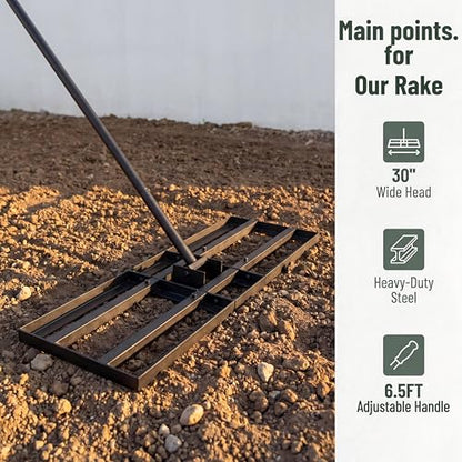 Lawn Leveling Rake - 30x10 Leveling Rake for Soil, Heavy Duty Yard Leveling Rake with 6.5FT Extra Long Handle, 2mm Thickened Stainless Steel Lawn Leveler, Landscape Tool for Dirt and Sand, with Gloves - size: 30 inch