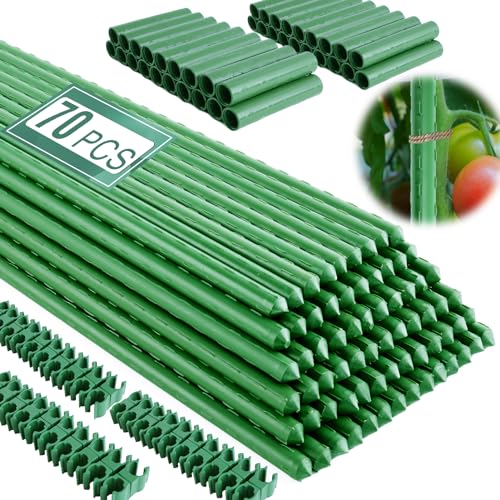 Fabulas Garden Stakes 16 Inch 70 Pack, Diy 4ft 5ft 6ft 7ft 8ft Tomato Stakes Plastic Coated Metal Plant Sticks Stakes Supports with 40 Connectors 30 Rotatable Clips for Indoor Outdoor Plants Vegetable - size: 16inch-70pcs