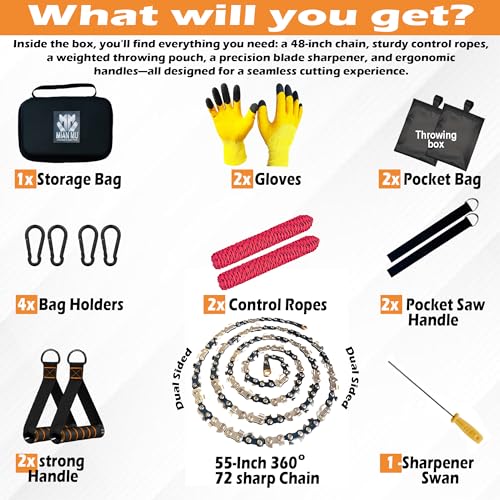 55 Inch High Limb Rope Saw with Dual Sided 70 Teeth 360° Chain – Manual Hand Saw for Tree Branch Cutting – Fast, Portable & Durable Outdoor Tree Trimming Tool Kit