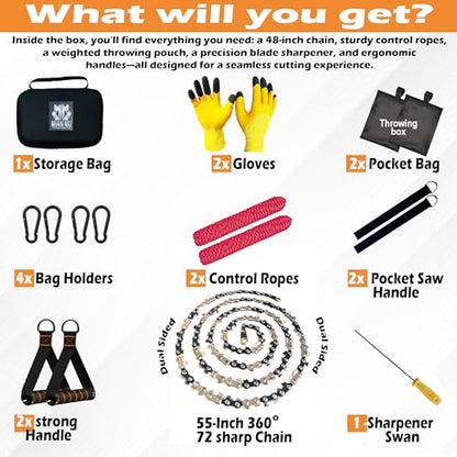 55 Inch High Limb Rope Saw with Dual Sided 70 Teeth 360° Chain – Manual Hand Saw for Tree Branch Cutting – Fast, Portable & Durable Outdoor Tree Trimming Tool Kit