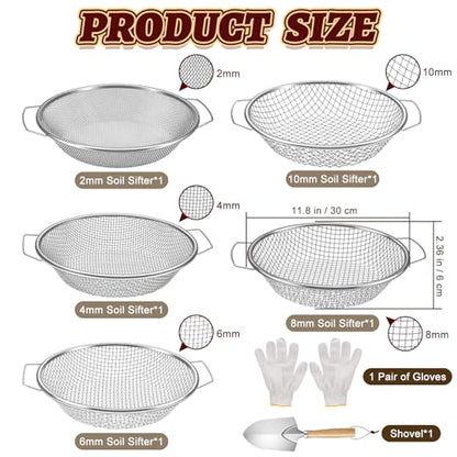 5PCS Soil Sifter 2,4,6,8,10mm Rock Sifting Screen with Handle Shovel Gloves - size: 5PCS(1/9in,1/6in,1/4in,1/3in,3/8in)