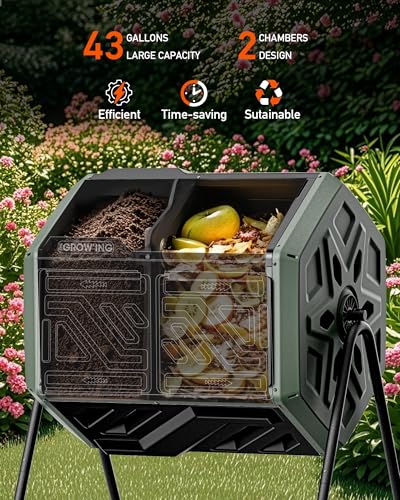 THE Growing 43 Gal Outdoor Compost Bin Tumbler for Backyard Garden, Green - color: Green