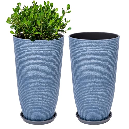 QCQHDU Set of 2 9 Gallon Tall Large planters for Outdoor/Indoor Plants of 12" Dia x 21" H Round Flower Pots Set Faux Stone Finish Front Door Patio Square Porch Planters with Tray, Sky Blue - color: Sky Blue