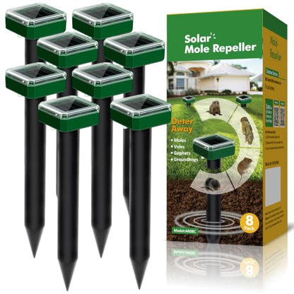 Mole Repellent for Lawns Solar Powered, 8 Packs Ultrasonic Mole Stakes for Yard, IP65 Waterproof Gopher Repellent to Get Rid of Gopher, Vole and Snake for Lawn Garden Yard Farm