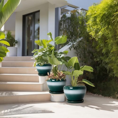 Ceramic 10+8+6 Inch Planter, Ceramic Flower Pots, Green-White - color: Green-white