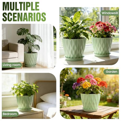 8 Inch Plant Pots 4 Pack Plastic Planters with Drainage & Saucers - color: Green