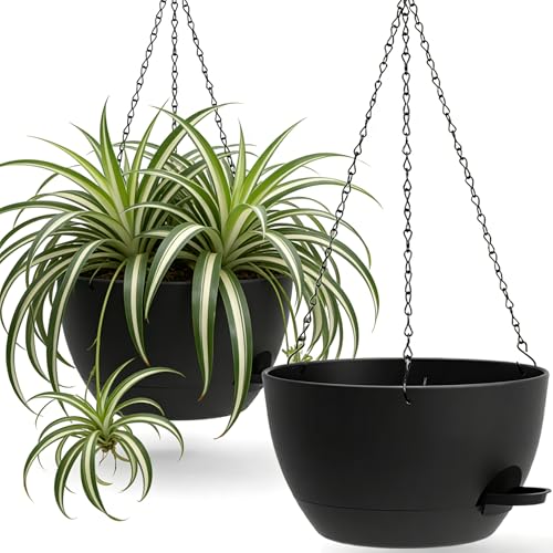 UOUZ 13 Inch 2 Pack Large Self Watering Hanging Planters for Indoor Outdoor Plants, Hanging Plant Pots with Removable 50 Oz Reservoir, Plastic Hanging Basket for Window Porch Garden Balcony, Black - color: Black