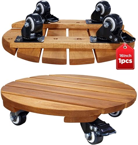 Idzo 16inches Capacity 500lbs Wood Plant Caddy With Wheels Heavy Duty, Acacia Hardwood Plant Dolly, Plant Stand with 360° Lockable Wheels for Plant Pots, Heavy Objects Hauling - Natural Wood - color: Round Wood Natural, size: 16 Inch